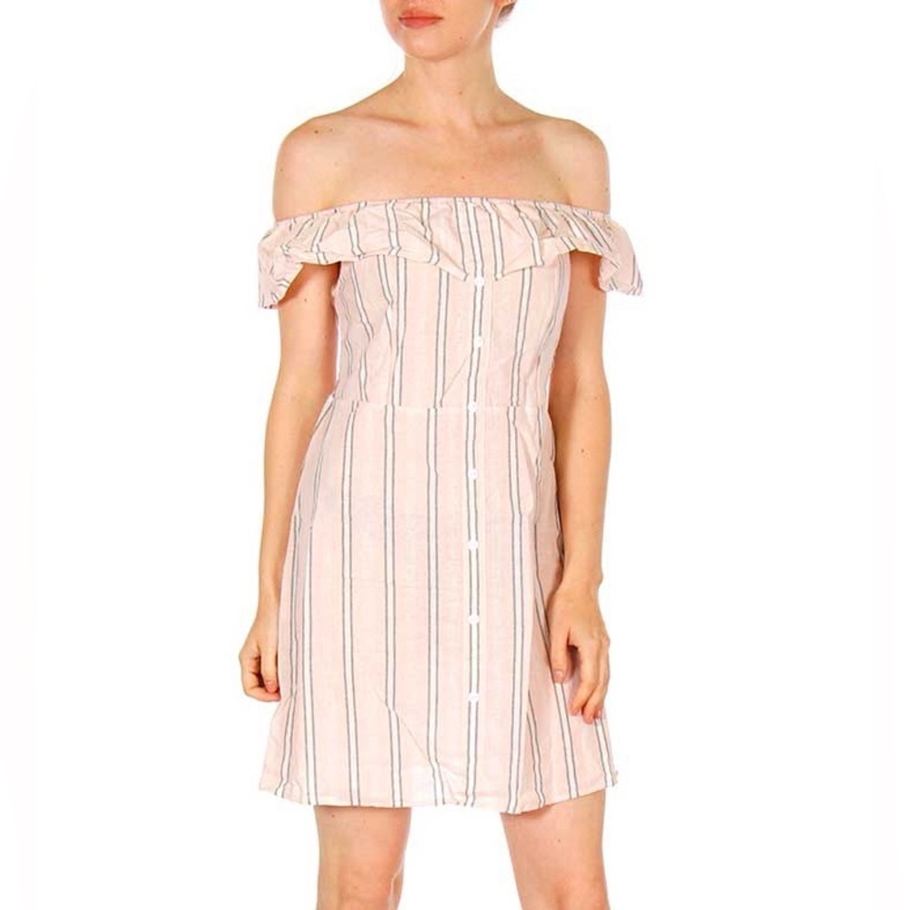 New Hollister Off Shoulder Ruffle Front Button Dress pastel pink
